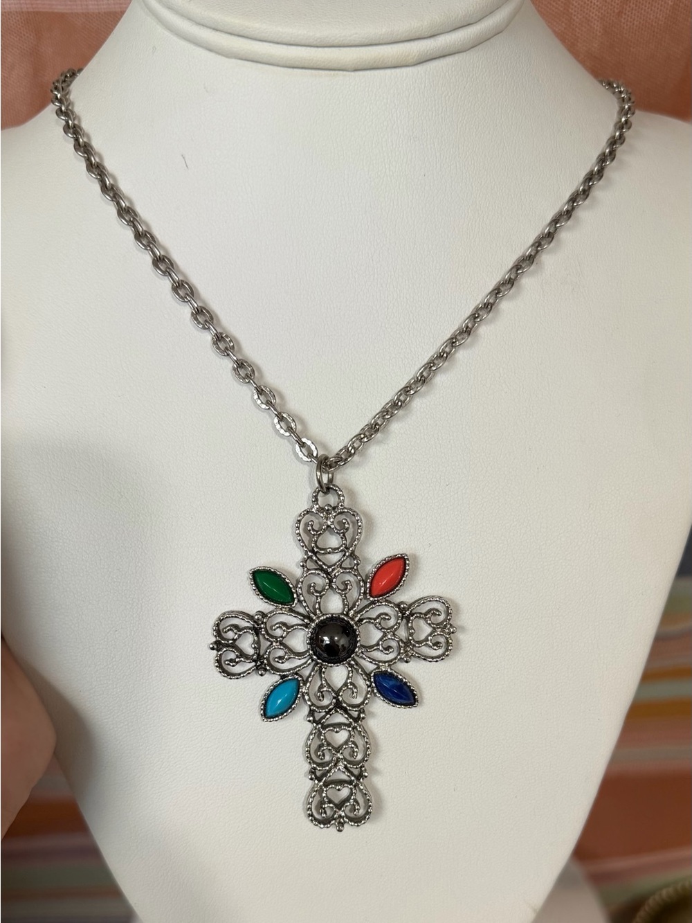 Avon Silver Tone Cross Necklace with Red, Green, Blue and Turquoise Accents